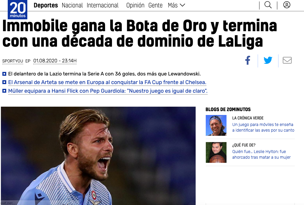 FOTOGALLERY | Ciro d’Europa: i giornali e i siti esteri celebrano la Scarpa d’Oro di Immobile