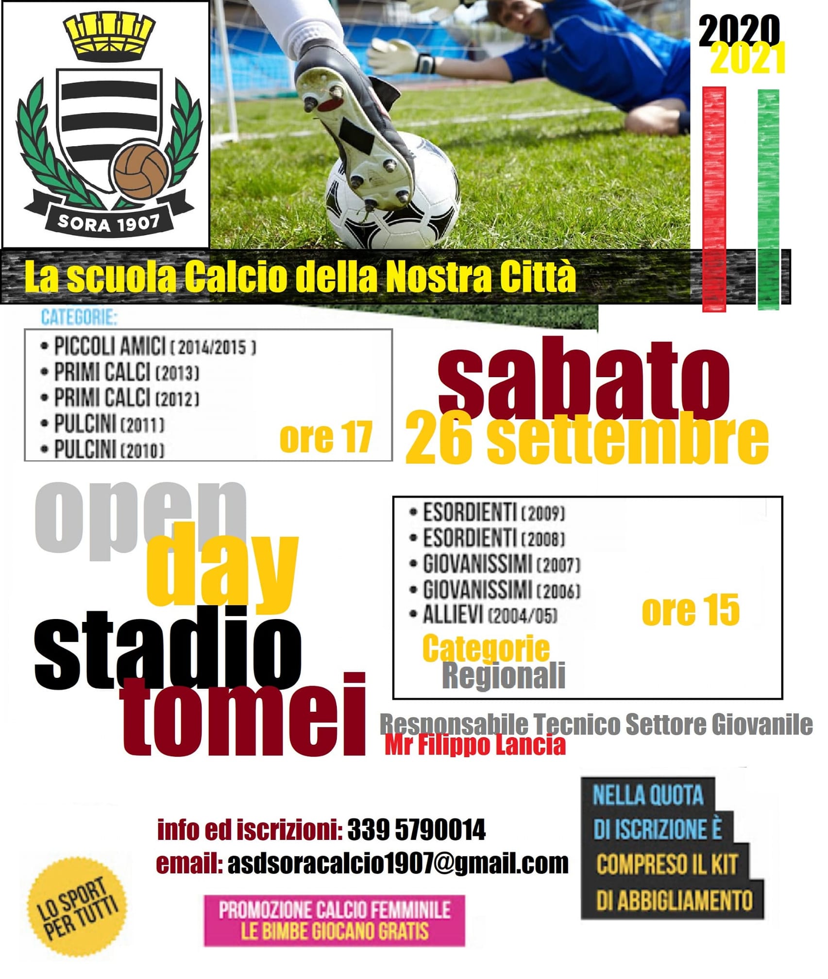 Sora: sabato 26 settembre open day della scuola calcio