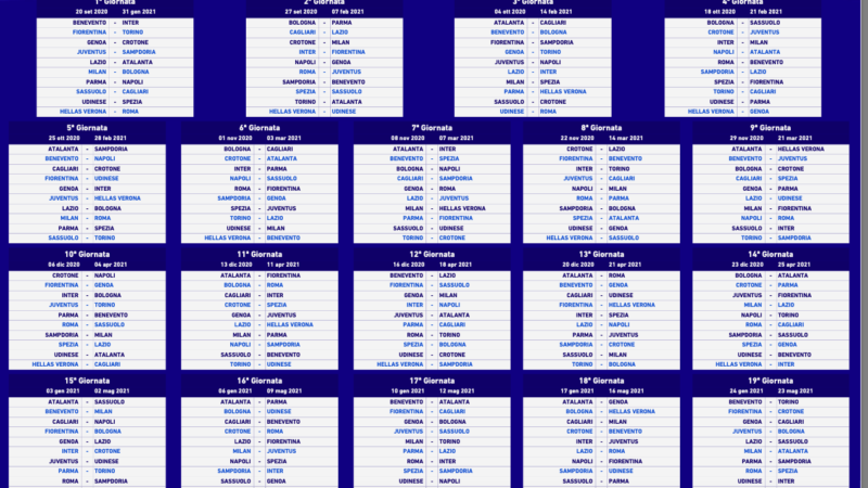 Serie A | Ecco il calendario completo del campionato 2020/21