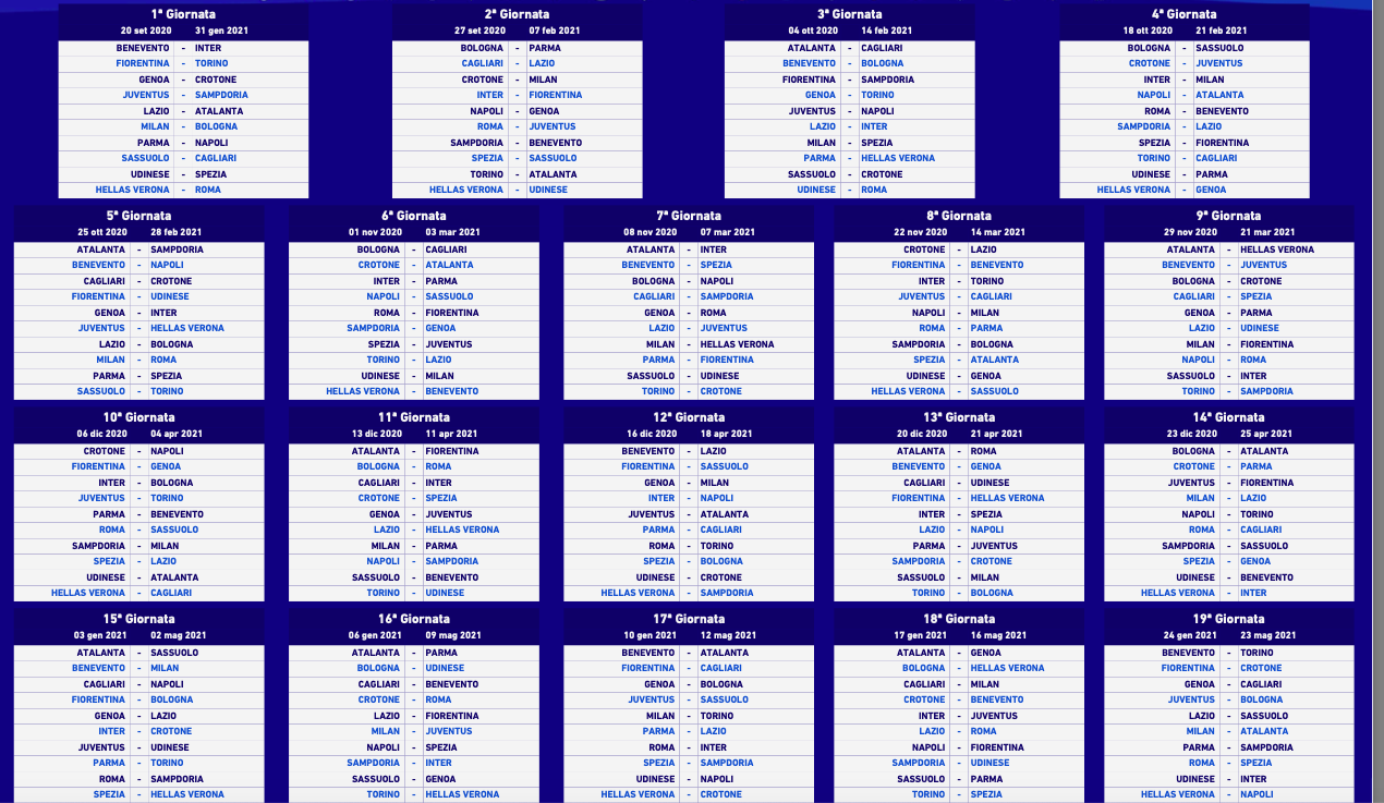 Serie A | Ecco il calendario completo del campionato 2020/21